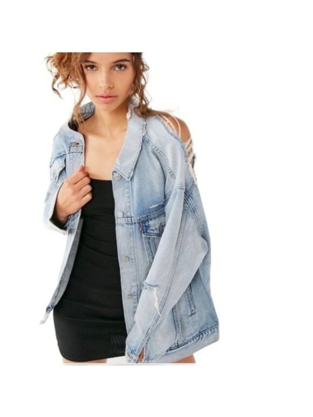 Levis Light Blue Oversized Distressed Trucker Denim Jacket With Ripped Details